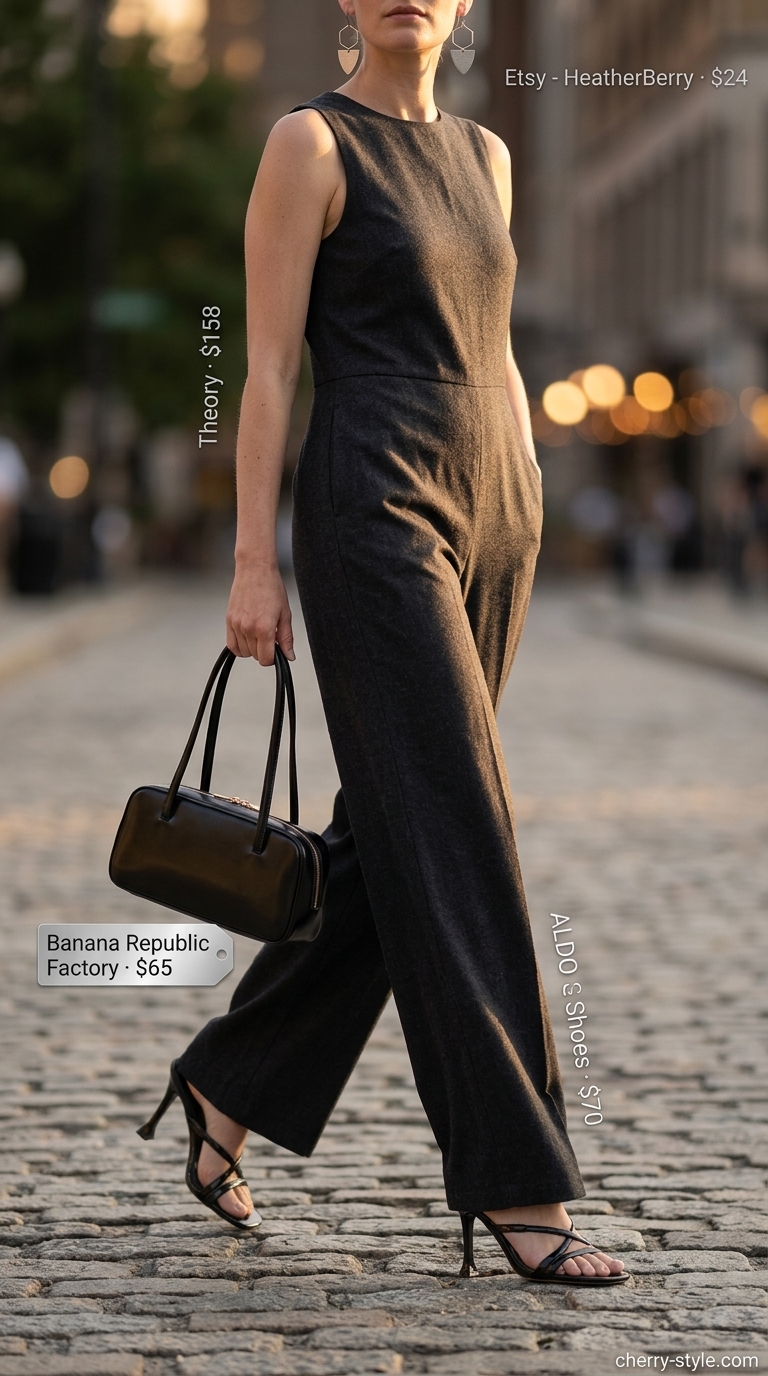 Elevated summer basic outfit for women 2026: Sophisticated wide-leg jumpsuit in charcoal grey with silver earrings.