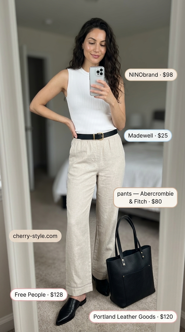 Elevated summer basic outfit for women 2026: Beige linen trousers, white knit top, black mules, tote bag.