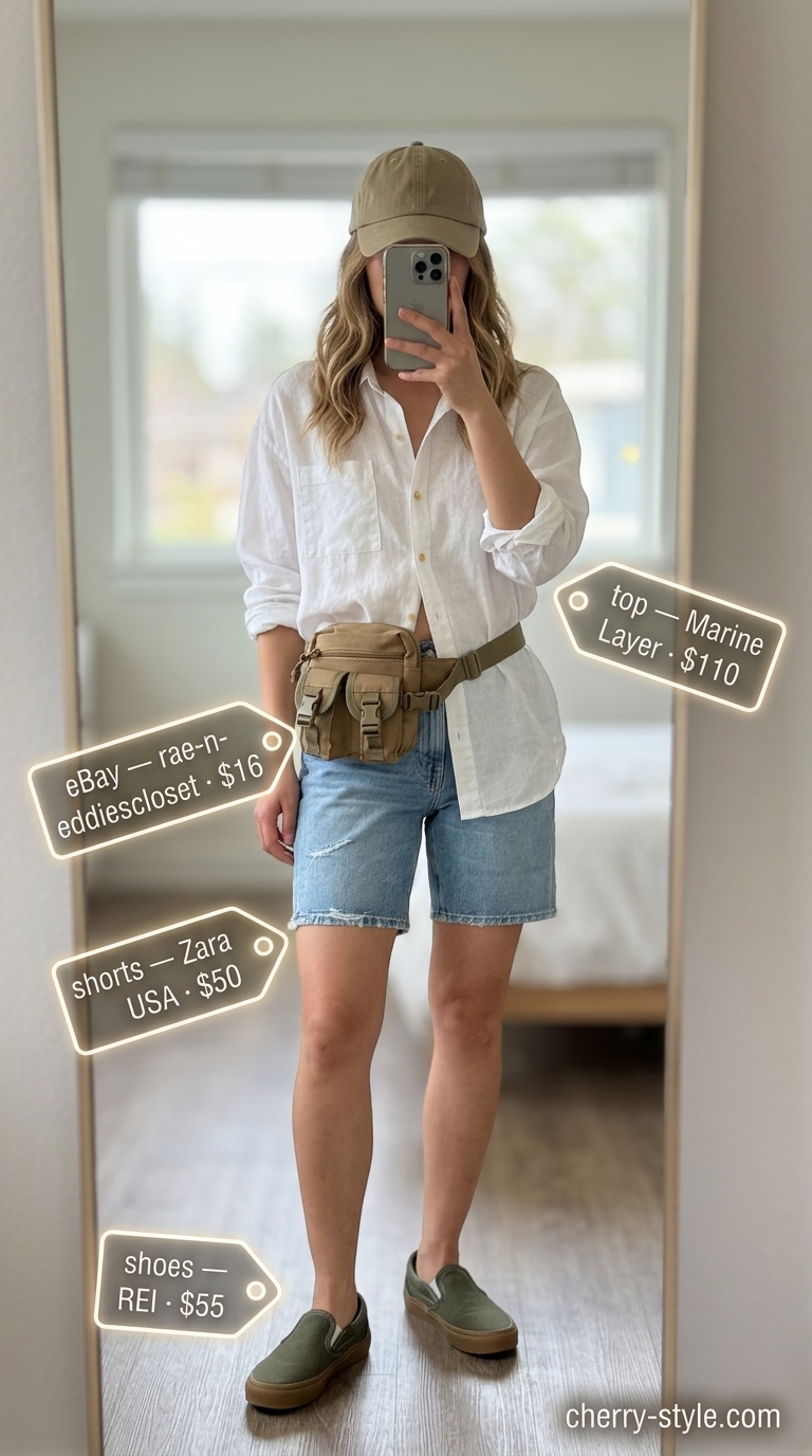 Elevated summer basic outfit for women 2026: Denim shorts, linen shirt, canvas sneakers, khaki belt bag.