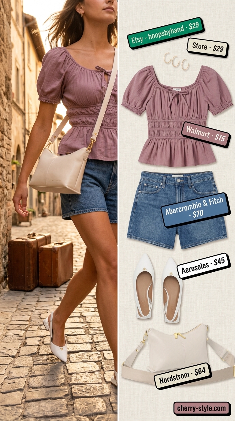 Elevated summer basic outfit for women 2026: Denim shorts, puff-sleeve top, ballet flats, gold jewelry.