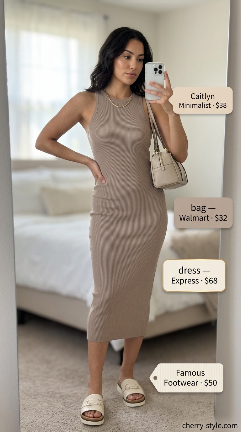 Elevated summer basic outfit for women 2026: Taupe knit midi dress, cream bag, leather slides, gold chain.