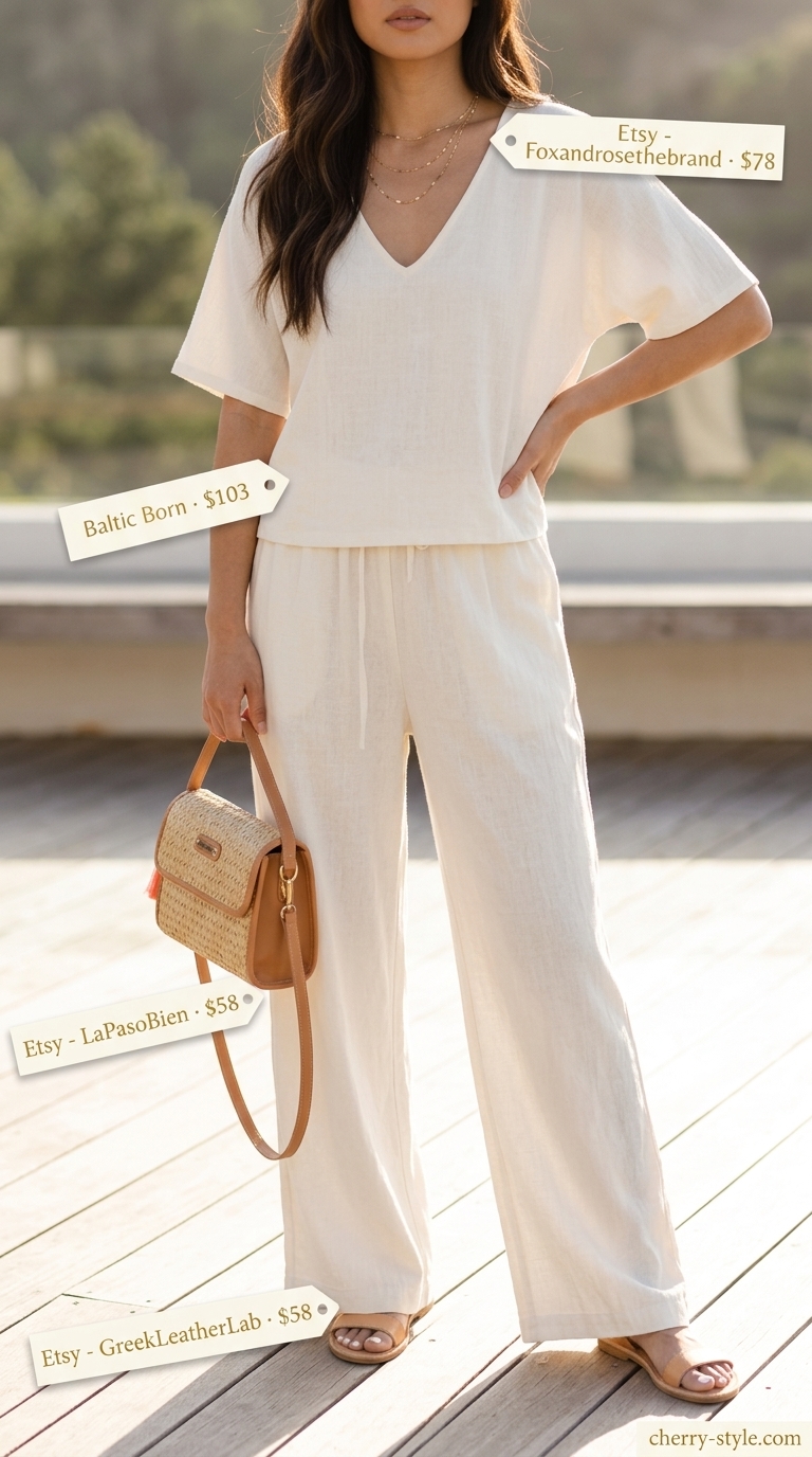 Elevated summer basic outfit for women 2026: Cream linen set, tan sandals, straw bag, layered gold necklaces.