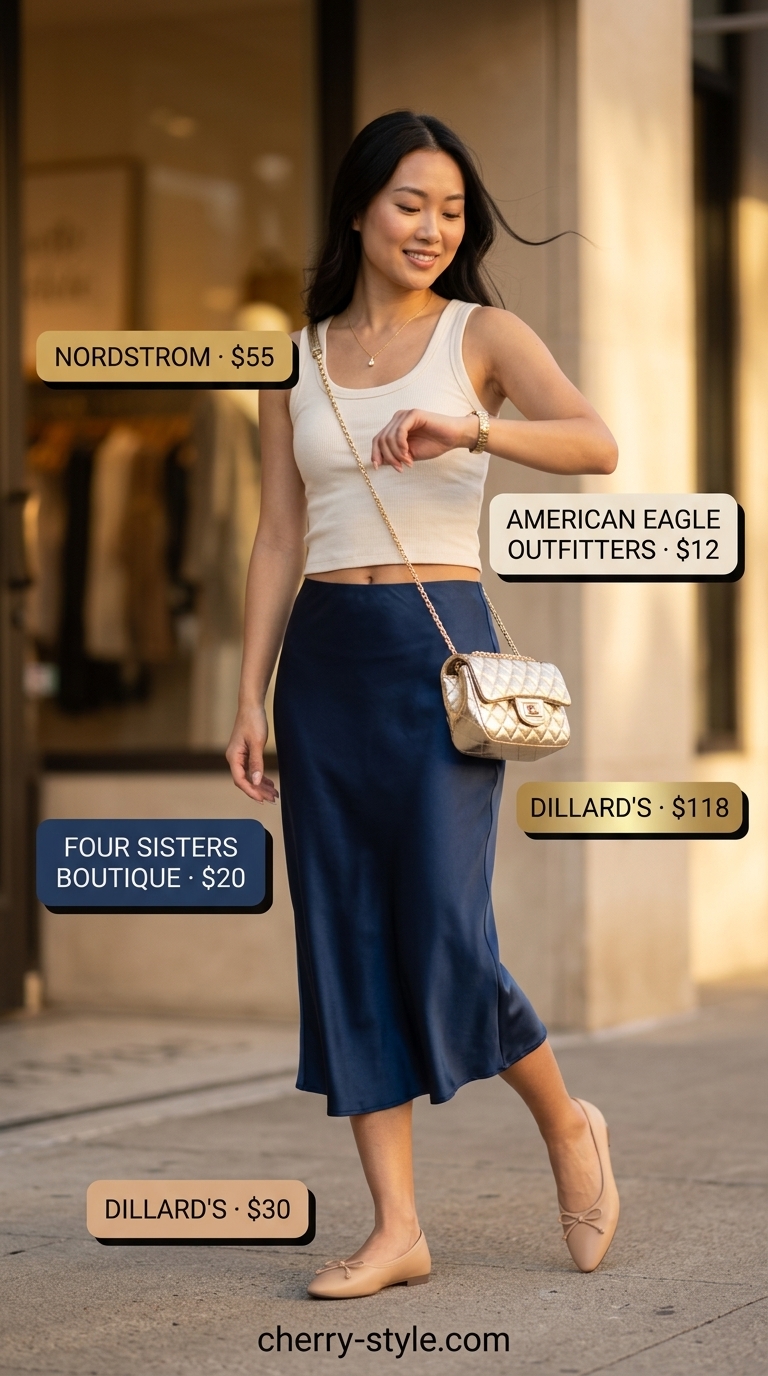 Elevated summer basic outfit for women 2026: Navy satin midi skirt, cream knit top, ballet flats, gold bag.