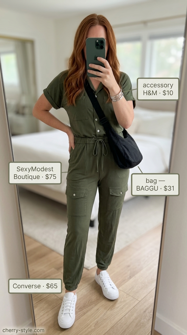 Elevated summer basic outfit for women 2026: Olive utility jumpsuit, white sneakers, black crossbody bag.