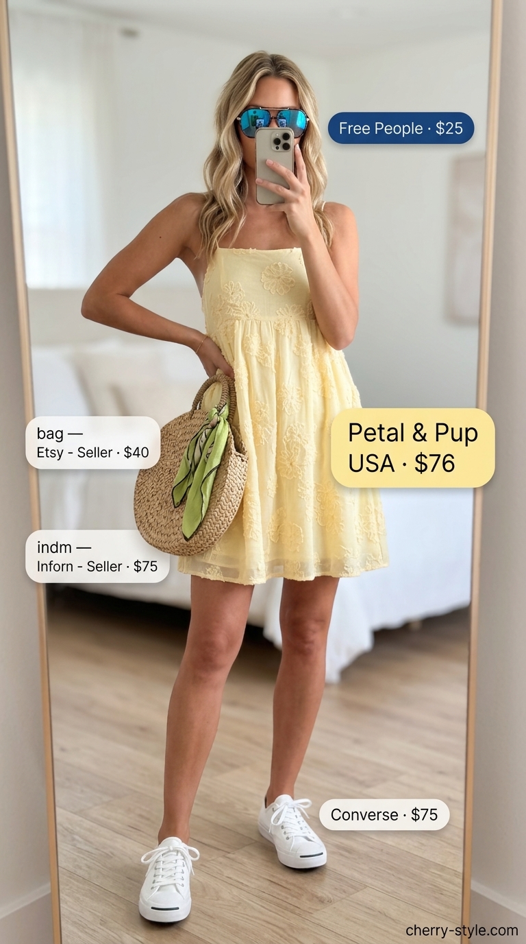 Elevated summer basic outfit for women 2026: Lemon yellow mini dress, white sneakers, straw bag, blue sunglasses.
