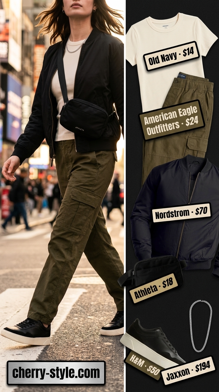 Khaki cargo pants with white t-shirt, bomber jacket, and sneakers for every day summer capsule outfits for women 2026.