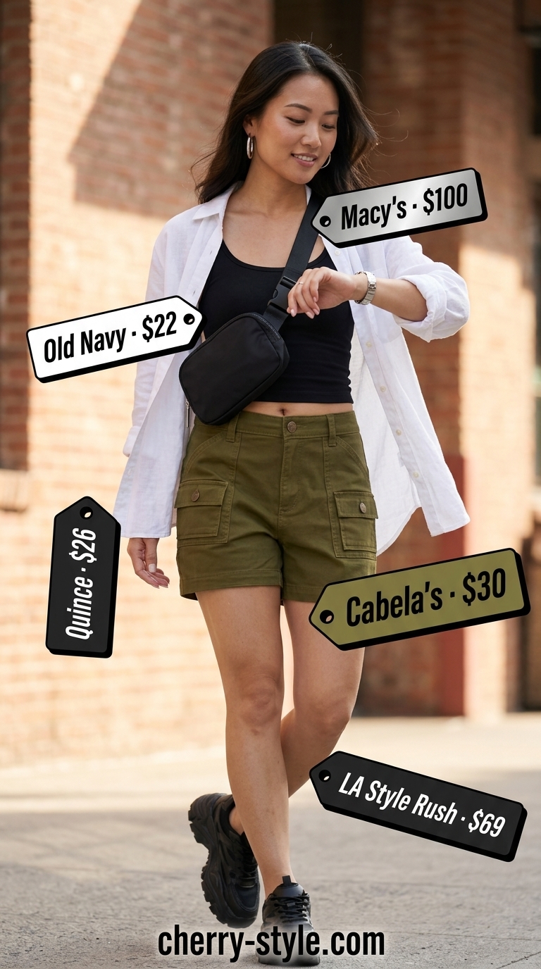 Every day summer capsule outfits for women 2026: Olive green cargo shorts, white linen shirt, black belt bag, and sneakers.