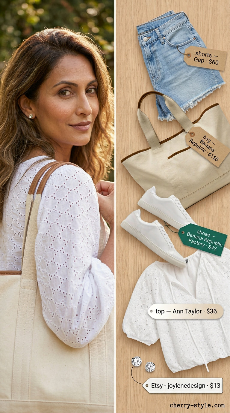 Every day summer capsule outfits for women 2026: Denim shorts, white eyelet blouse, canvas tote, and white sneakers.