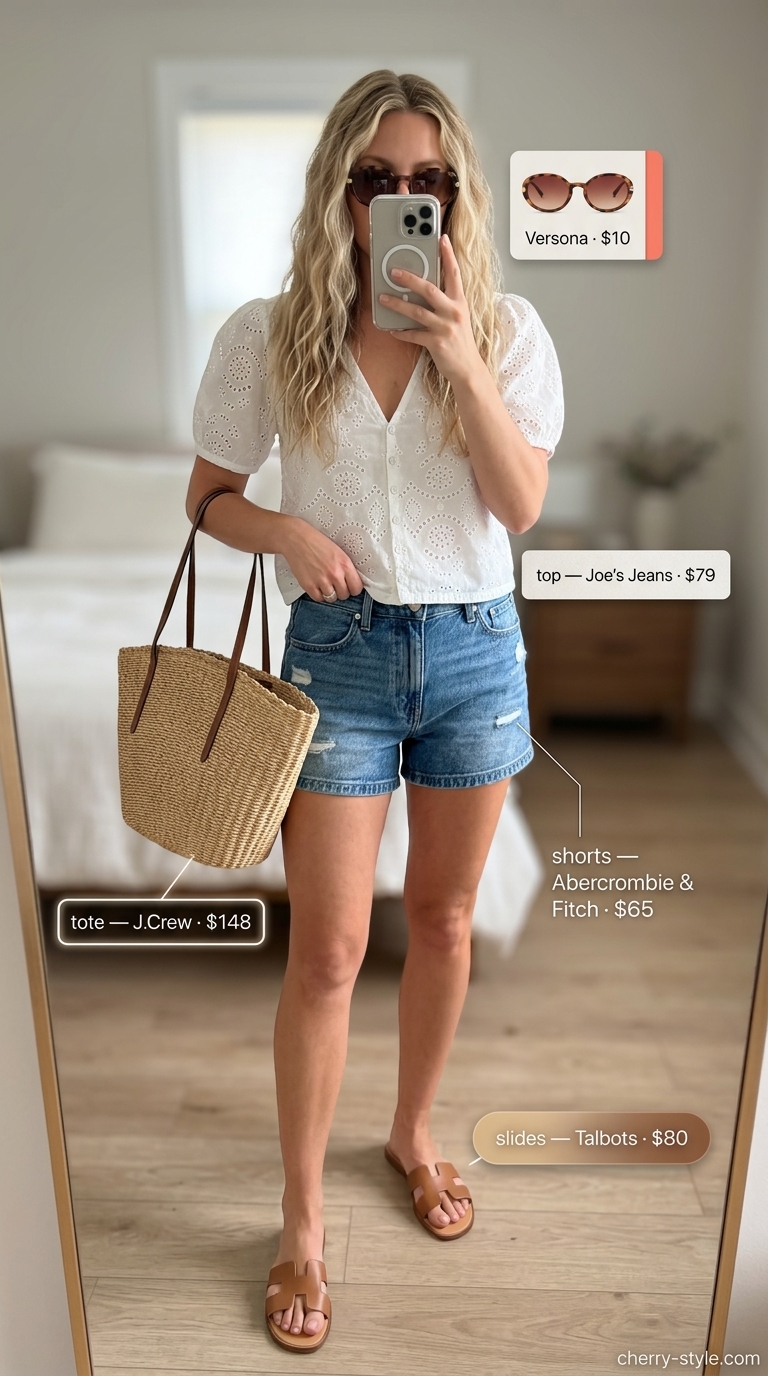 White eyelet blouse with denim shorts, straw tote, and slide sandals for every day summer capsule outfits for women 2026.