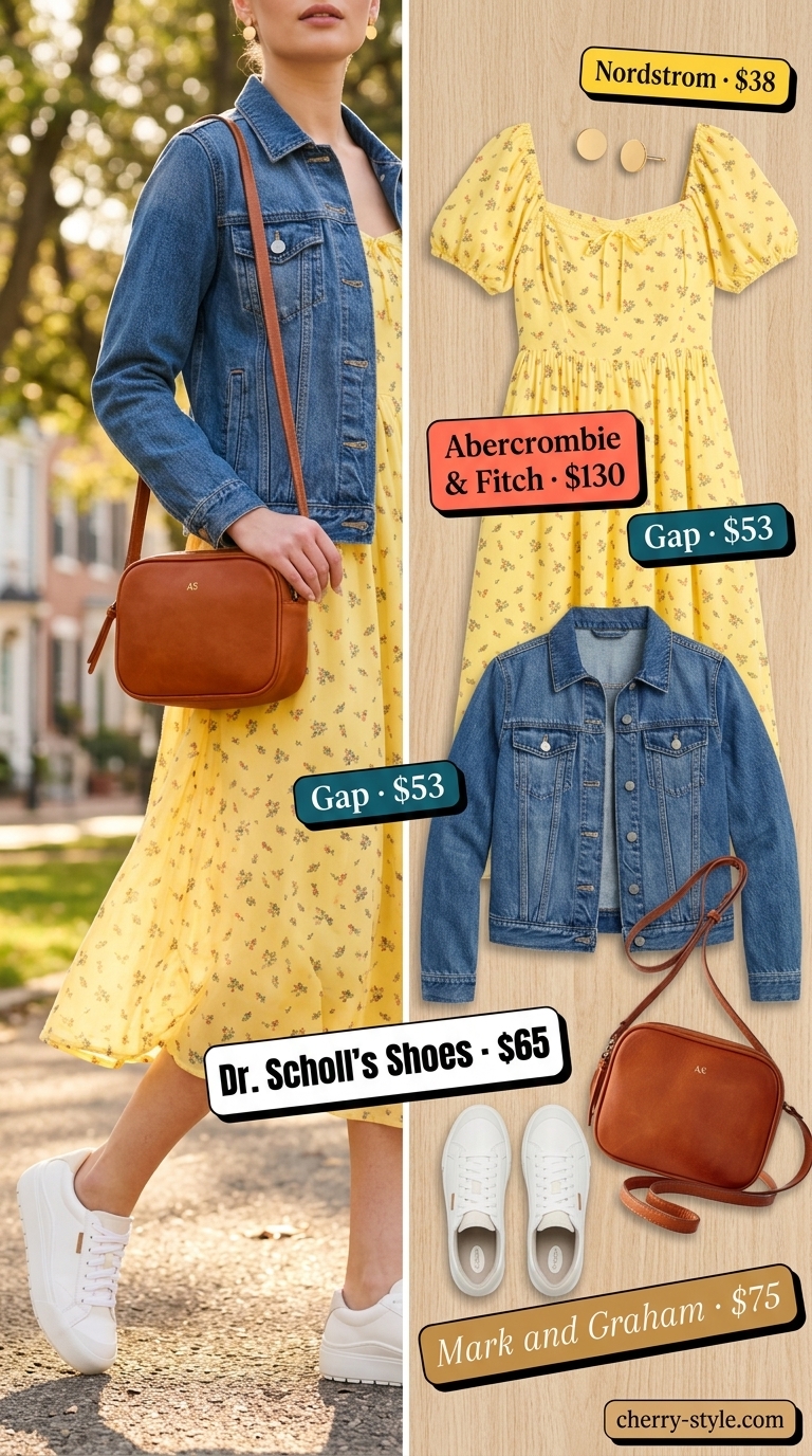 Yellow floral midi dress with denim jacket, sneakers, and crossbody bag for every day summer capsule outfits for women 2026.