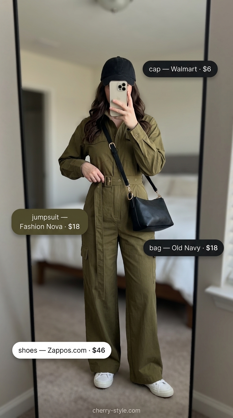 Every day summer capsule outfits for women 2026: Olive green utility jumpsuit, white sneakers, and black crossbody bag.