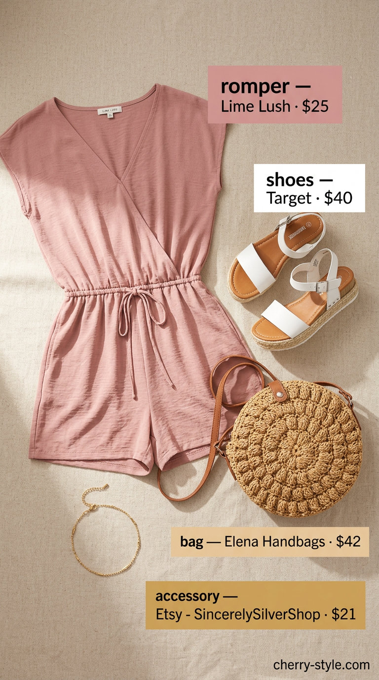 Every day summer capsule outfits for women 2026: Blush pink knit romper, straw bag, espadrille sandals, and gold bracelet.
