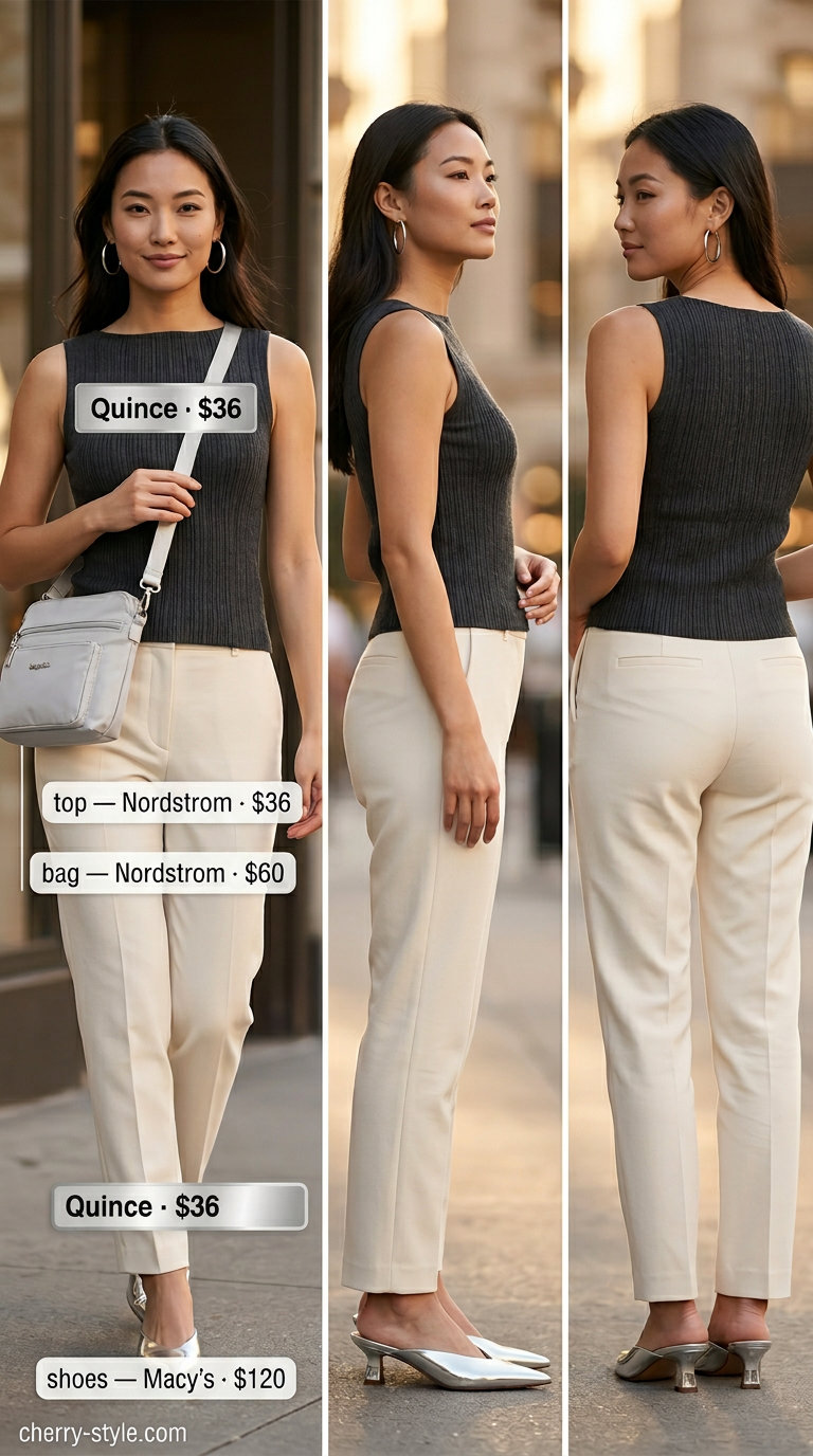 Every day summer capsule outfits for women 2026: Charcoal grey knit set, silver mules, and silver crossbody bag.