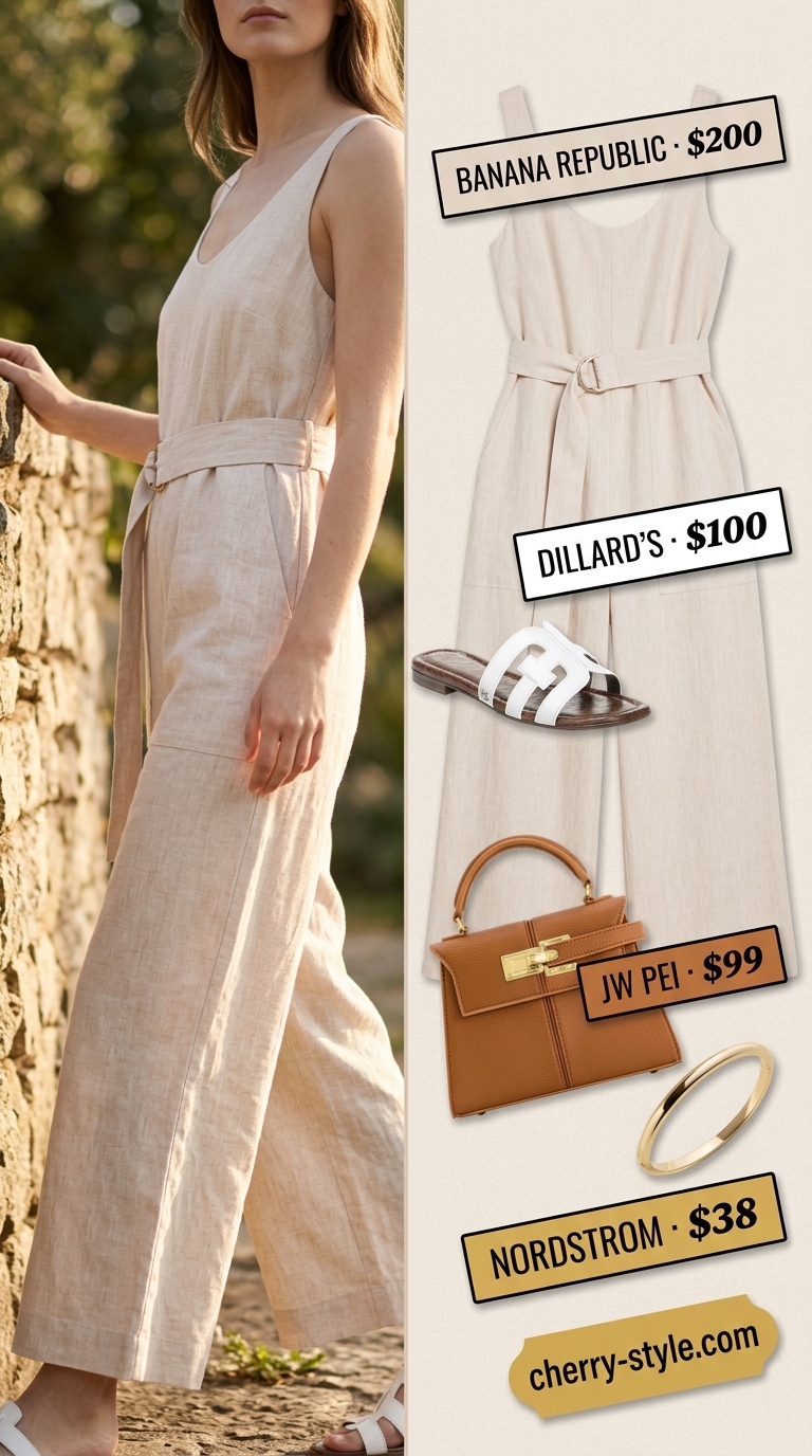 Beige linen jumpsuit with leather slides and top-handle bag for every day summer capsule outfits for women 2026.