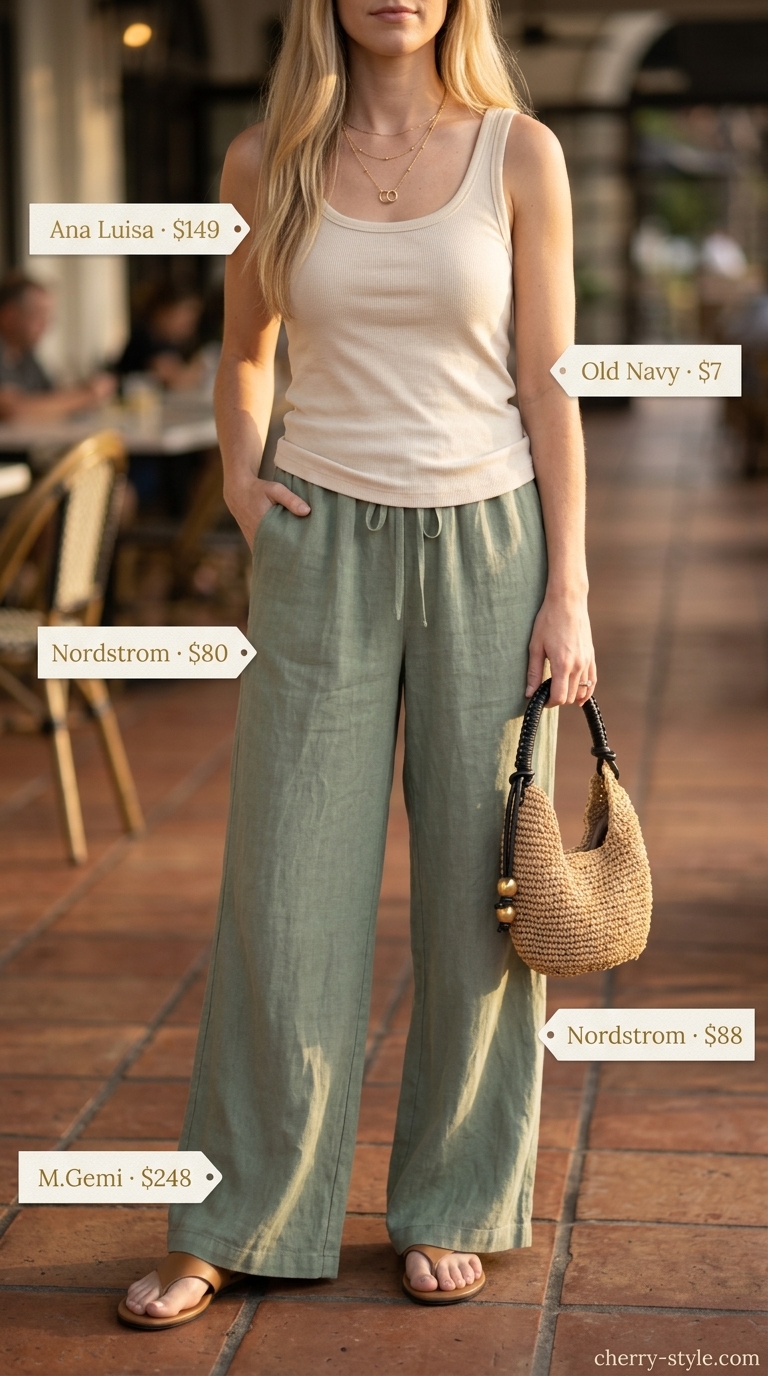 Every day summer capsule outfits for women 2026: Sage green linen pants, cream tank, gold necklace, and tan sandals.