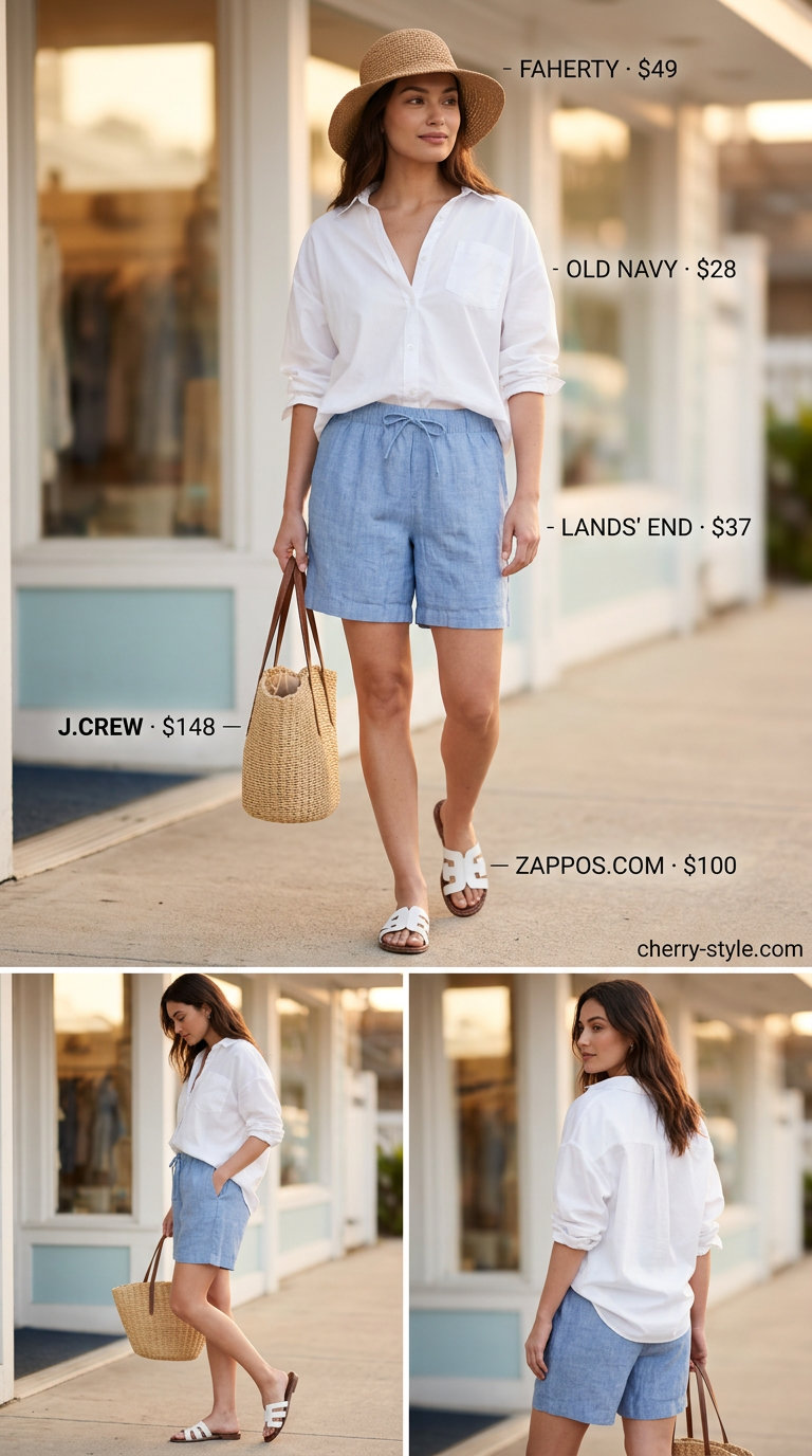 Muted blue linen shorts with white oversized shirt for every day summer capsule outfits for women 2026.