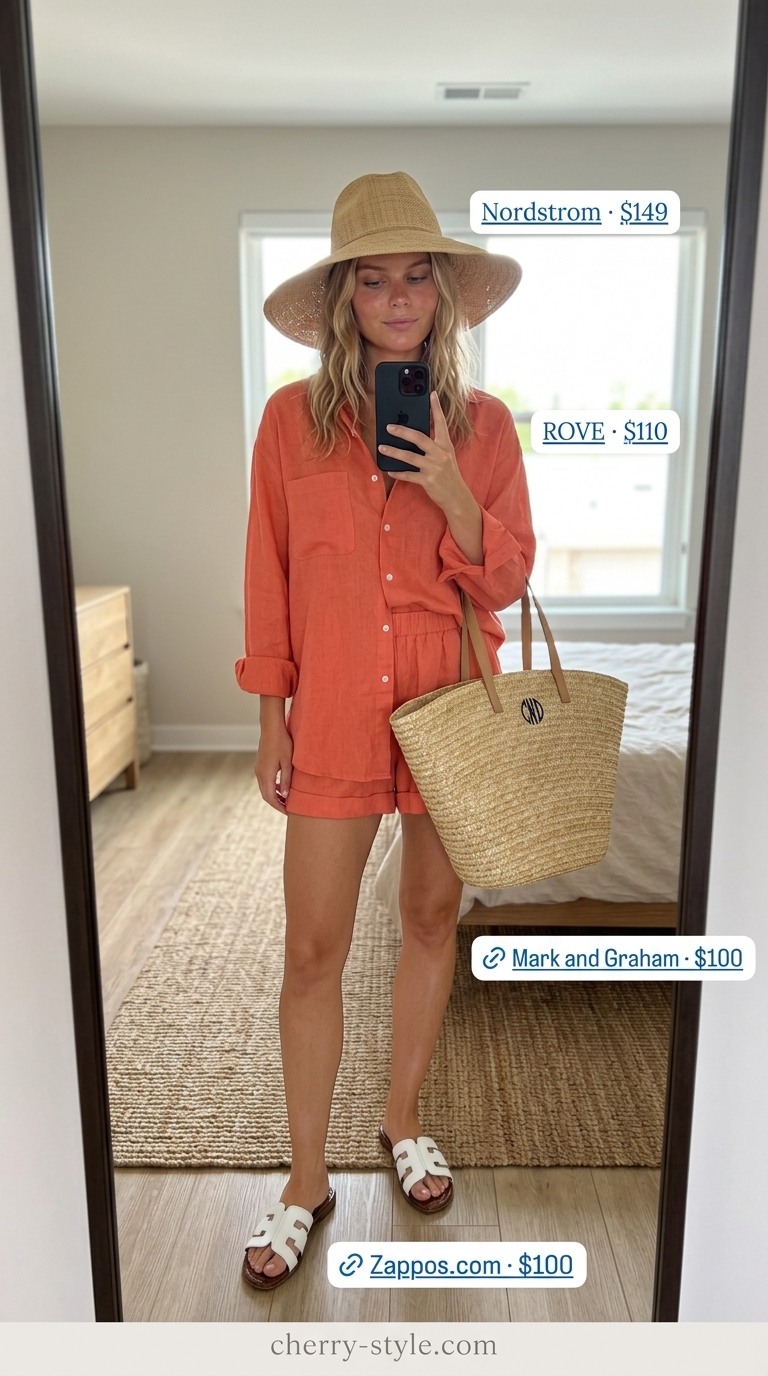 Muted coral linen shorts set with straw hat and tote for every day summer capsule outfits for women 2026.