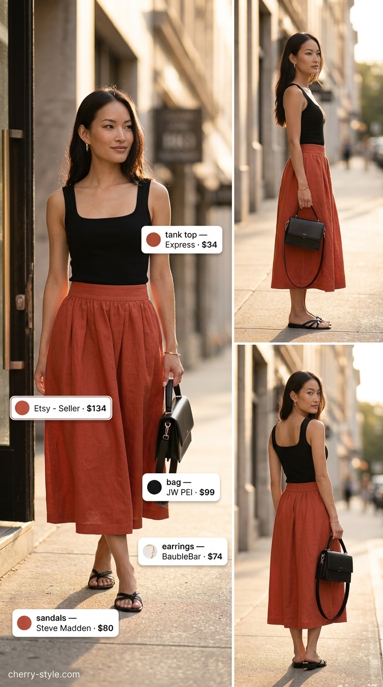 Every day summer capsule outfits for women 2026: Terracotta linen midi skirt, black tank, black sandals, and gold cuff.
