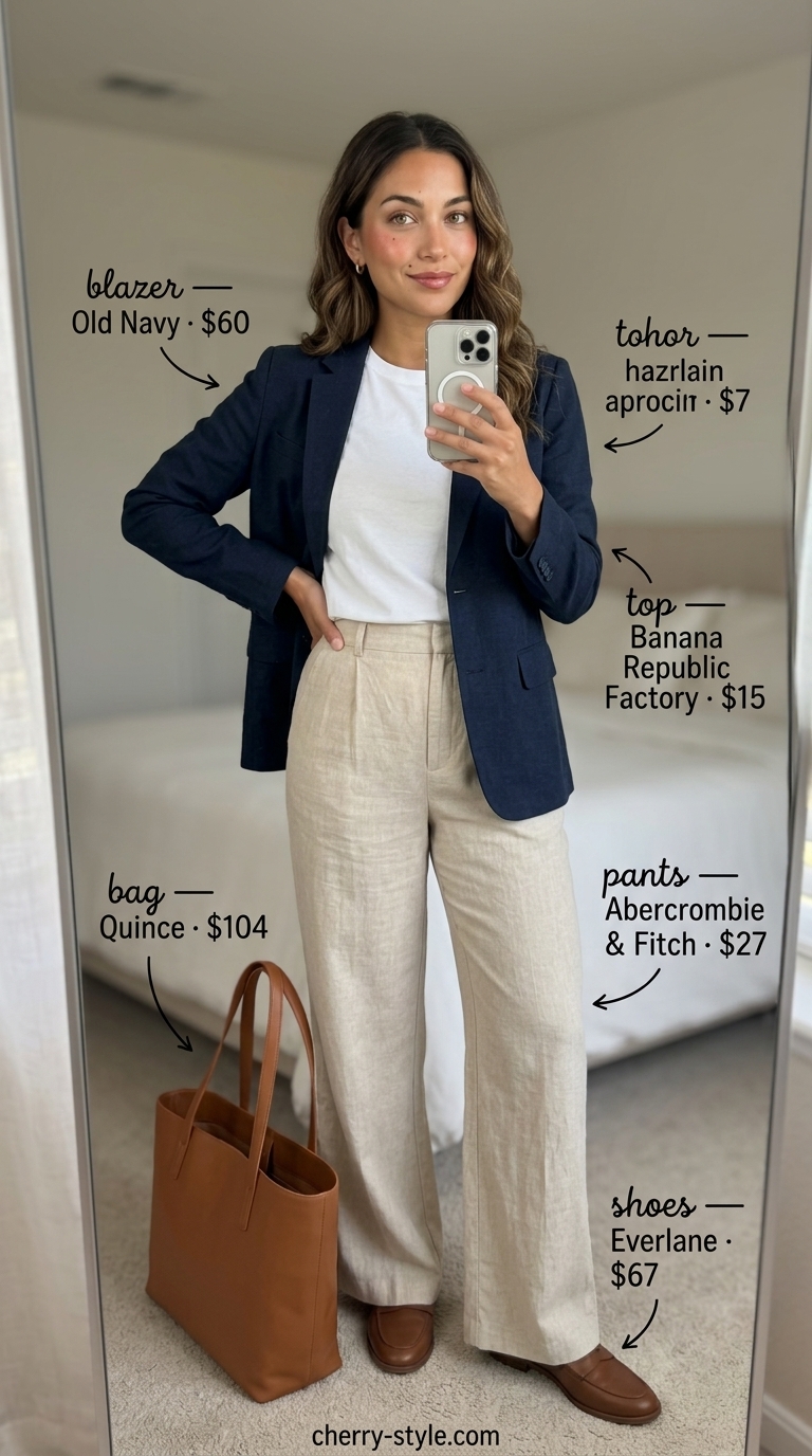 Beige linen trousers with navy blazer and white tee for every day summer capsule outfits for women 2026.