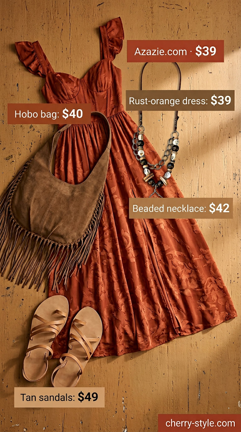 Every day summer capsule outfits for women 2026: Boho maxi dress, gladiator sandals, suede bag, and layered necklaces.