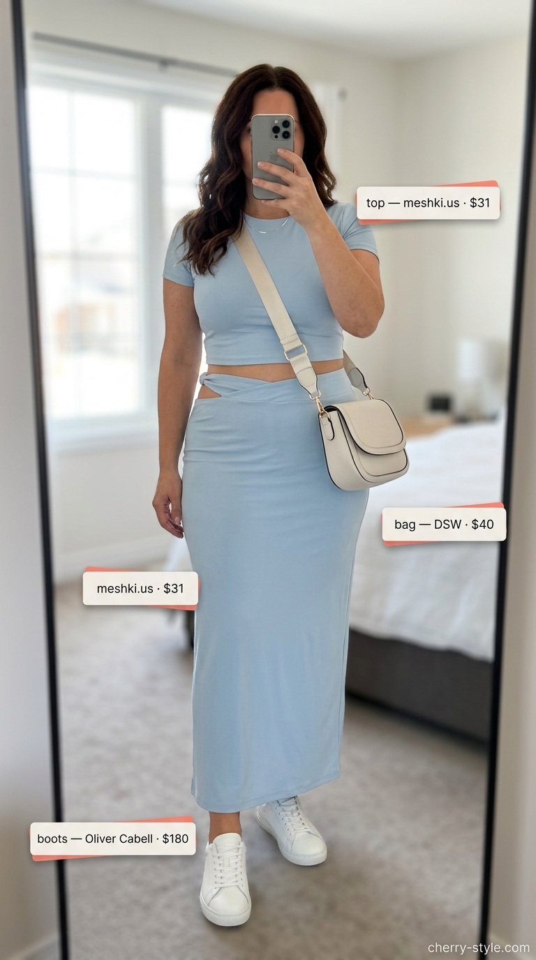 Pastel blue knit matching set with white sneakers for every day summer capsule outfits for women 2026.