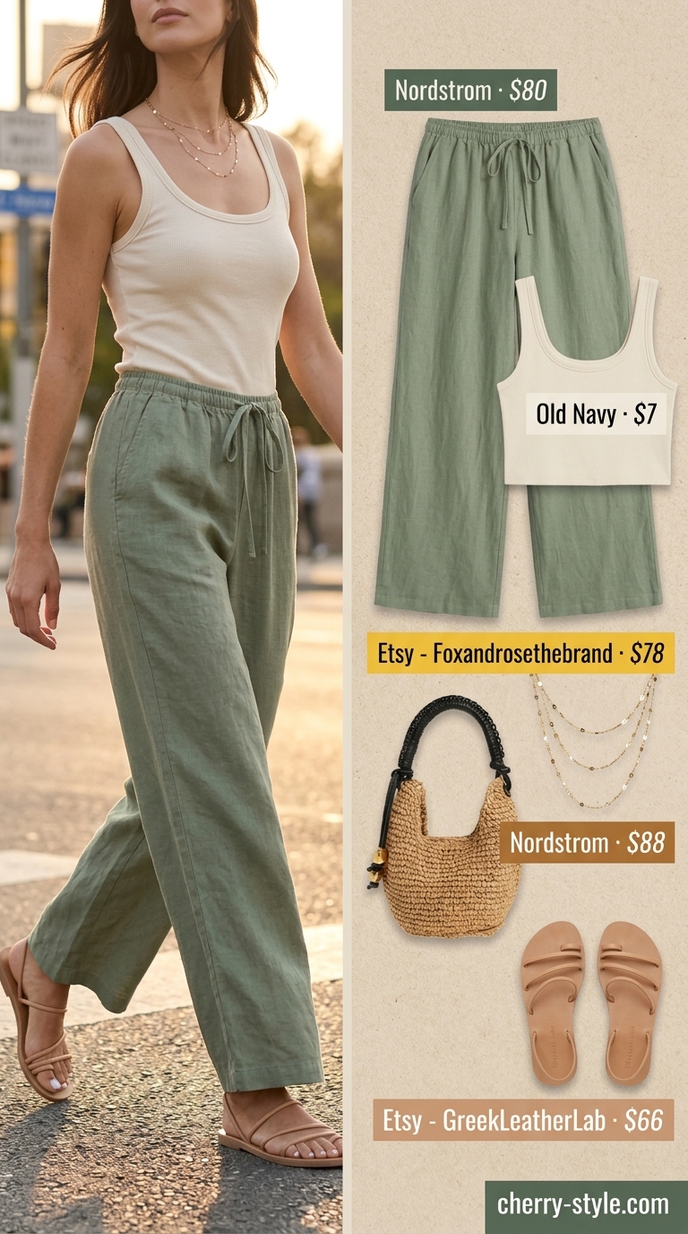 Sage green linen pants with cream tank top for every day summer capsule outfits for women 2026.