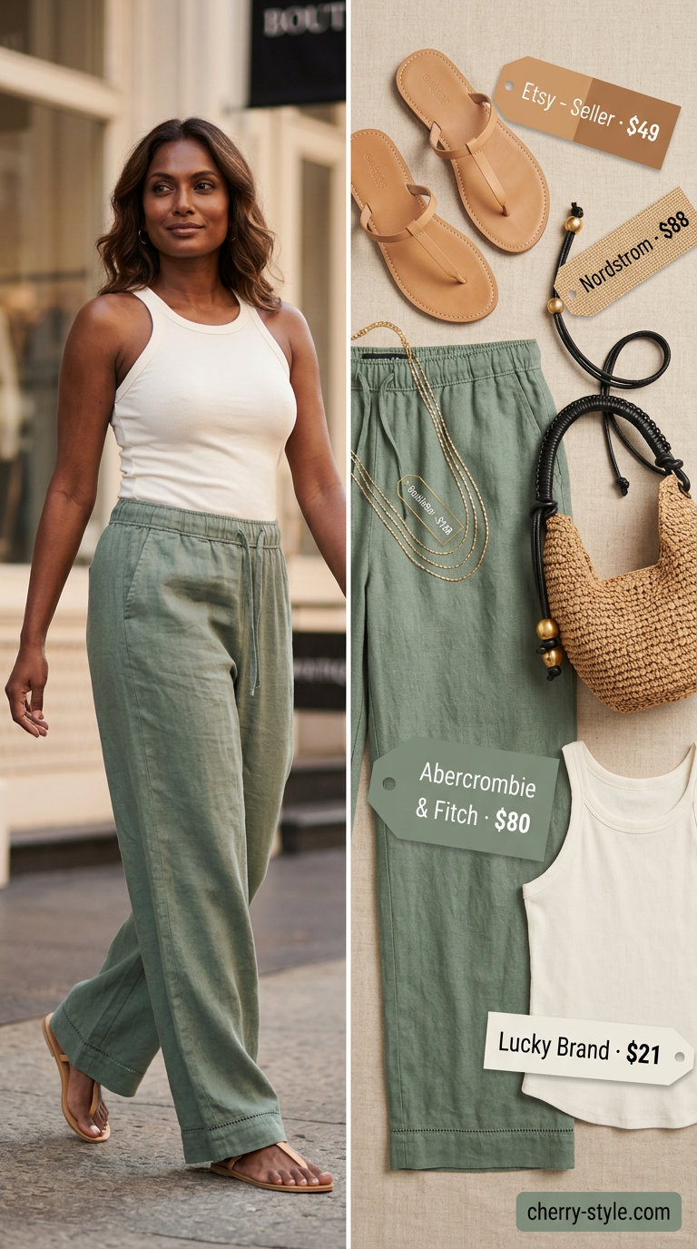 Sage green linen pants with cream tank top and straw bag for every day summer capsule outfits for women 2026.