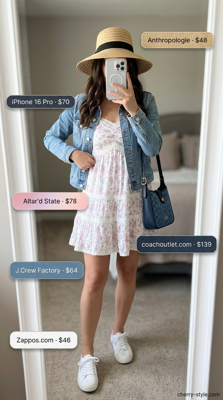 Every day summer capsule outfits for women 2026: White floral mini sundress, denim jacket, straw hat, and canvas sneakers.