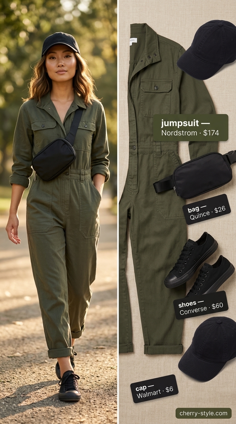 Olive green utility jumpsuit with black belt bag and sneakers for every day summer capsule outfits for women 2026.