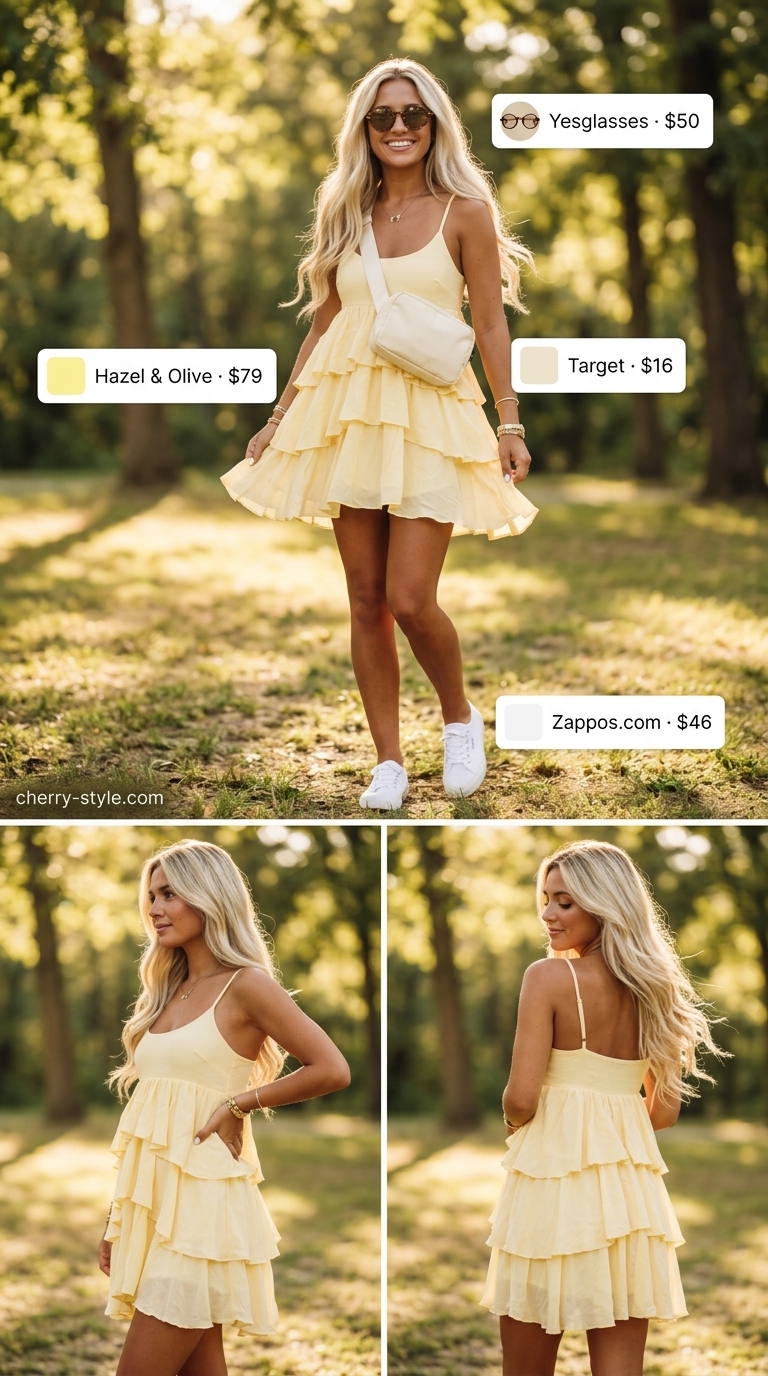 Lemon yellow tiered mini dress with white sneakers for every day summer capsule outfits for women 2026.