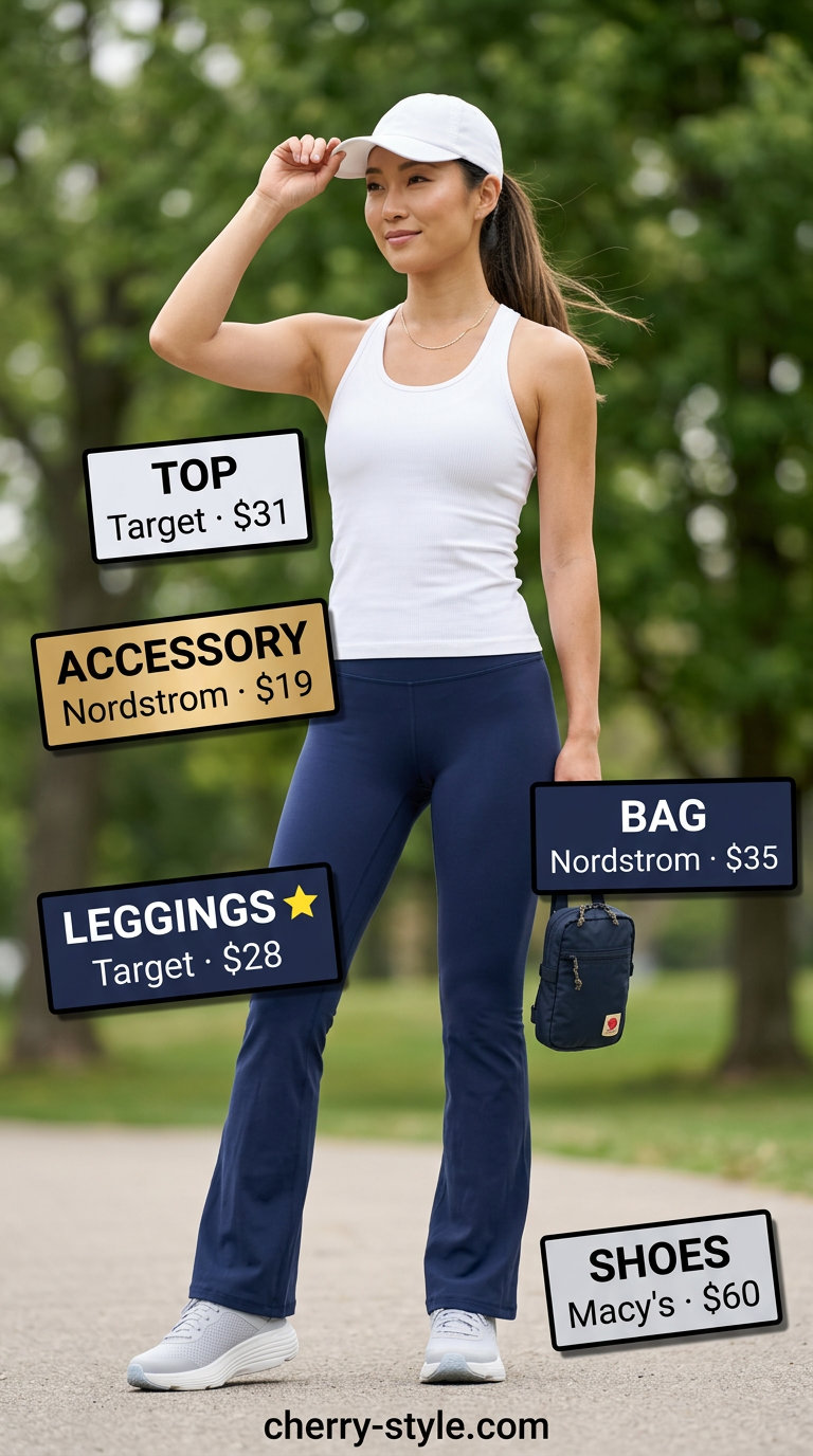 Flared legging outfits summer for women 2026: Navy flared leggings, athletic tank, sneakers, baseball cap.