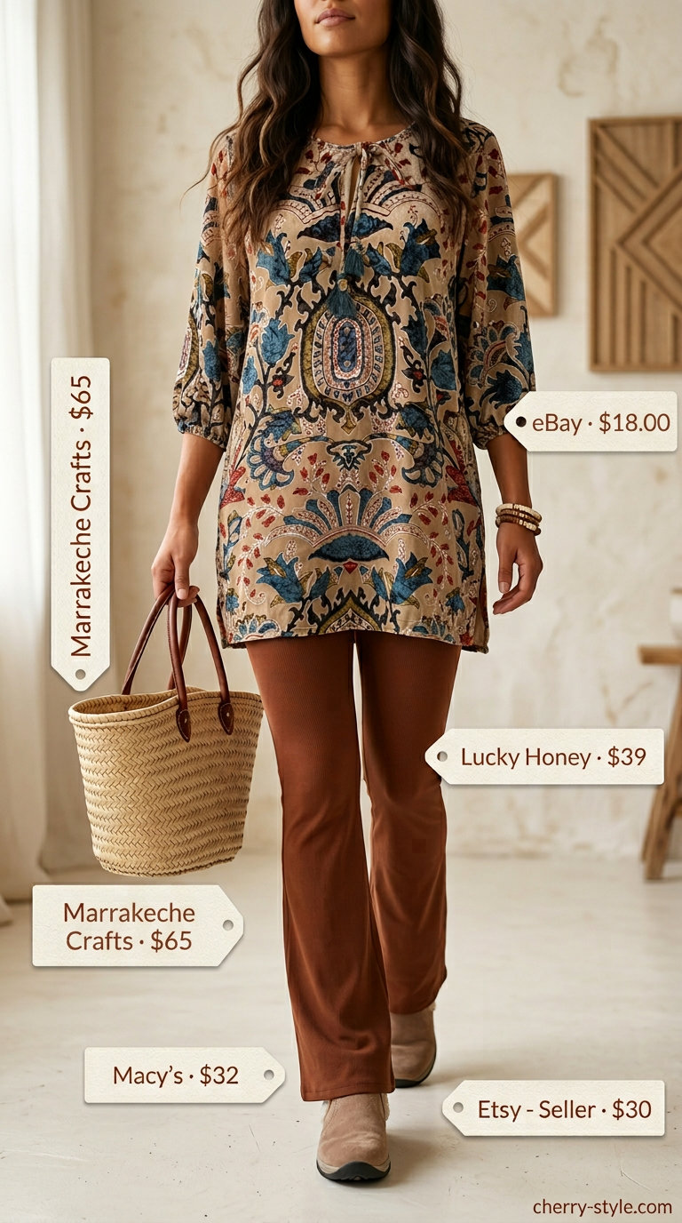 Flared legging outfits summer for women 2026: Terracotta flared leggings, tunic top, suede boots, straw tote.
