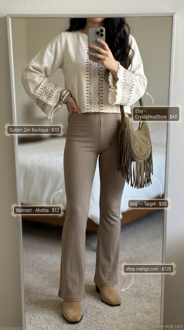 Flared legging outfits summer for women 2026: Terracotta flared leggings with boho peasant blouse for a free-spirited look.