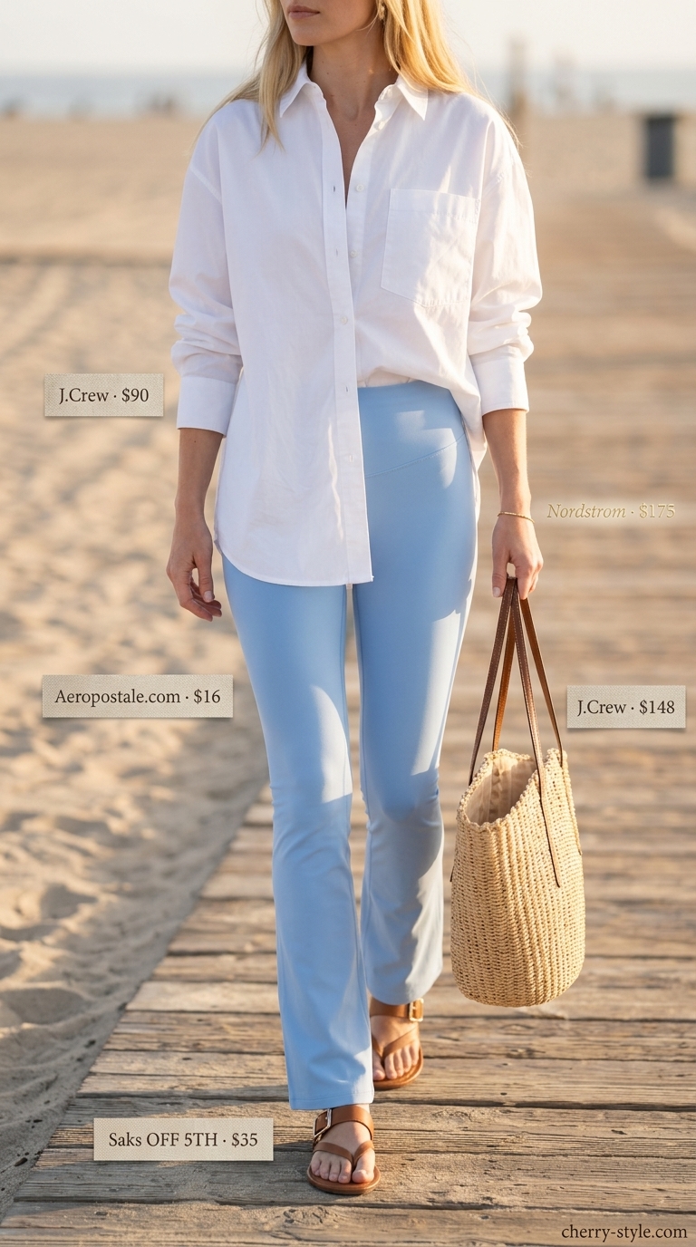 Flared legging outfits summer for women 2026: Light blue flared leggings with oversized white shirt for relaxed beach style.
