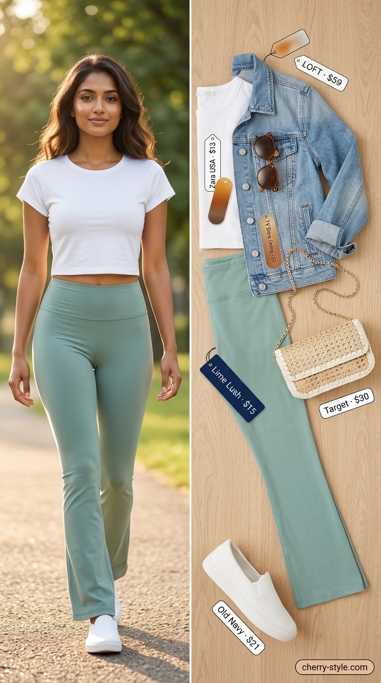 Flared legging outfits summer for women 2026: Seafoam green flared leggings with white tee and denim jacket for coastal style.