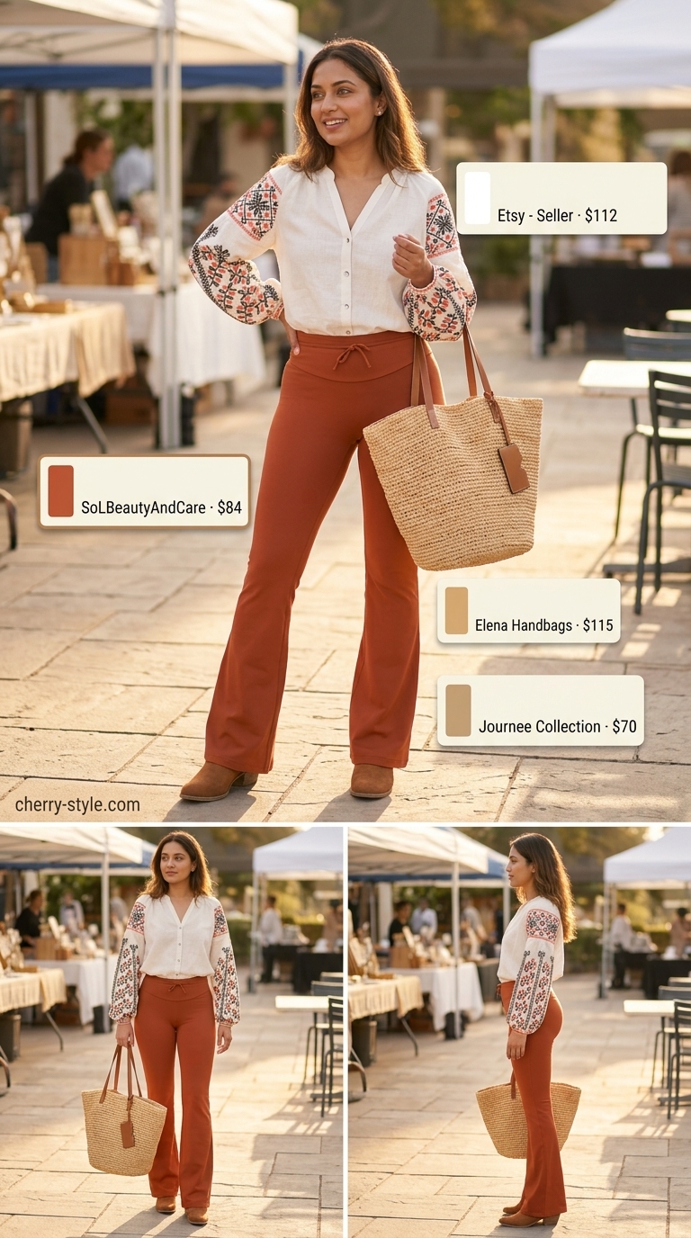 Flared legging outfits summer for women 2026: Terracotta flared leggings, linen blouse, suede boots, woven tote.