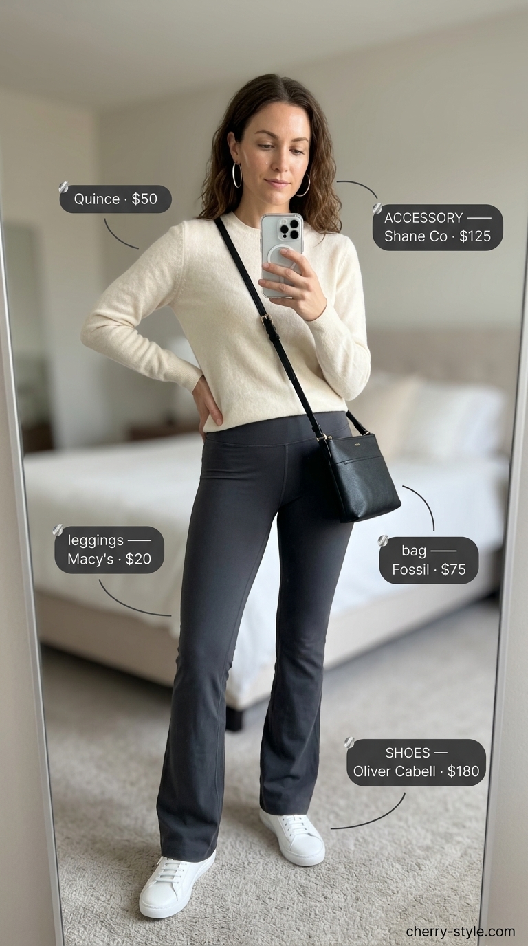 Flared legging outfits summer for women 2026: Charcoal grey flared leggings, cashmere sweater, leather sneakers.