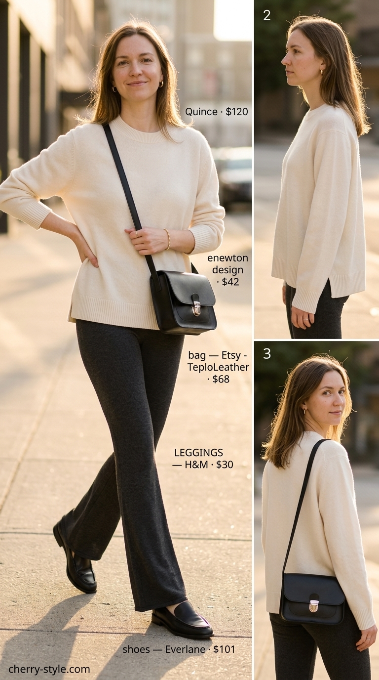 Flared legging outfits summer for women 2026: Sophisticated grey flared leggings with oversized cream sweater for elevated athleisure.