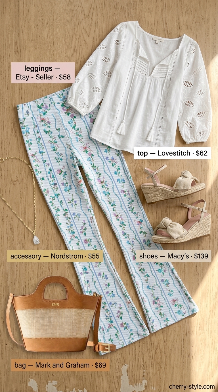 Flared legging outfits summer for women 2026: Floral flared leggings, white peasant blouse, espadrille wedges.