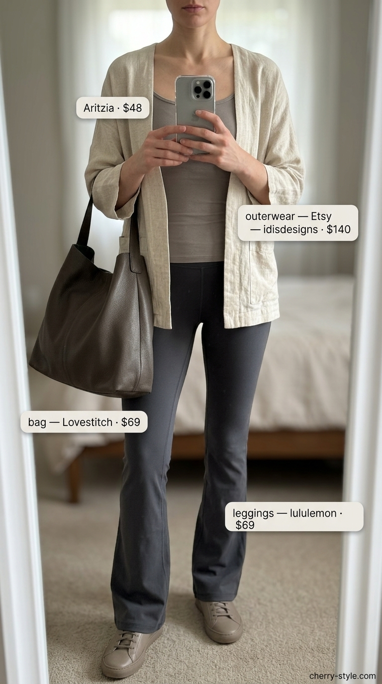 Flared legging outfits summer for women 2026: Stone grey flared leggings, linen duster, mules, slouchy bag.