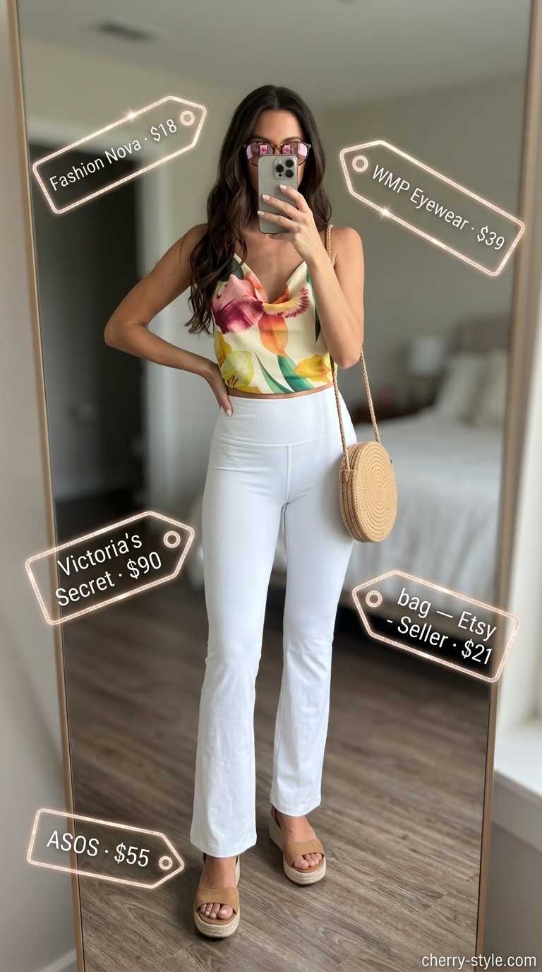 Flared legging outfits summer for women 2026: Retro white flared leggings with floral crop top for a playful summer look.