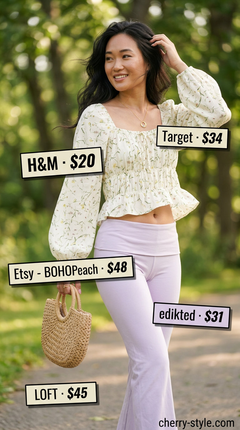 Flared legging outfits summer for women 2026: Lavender flared leggings, floral peasant blouse, espadrilles.