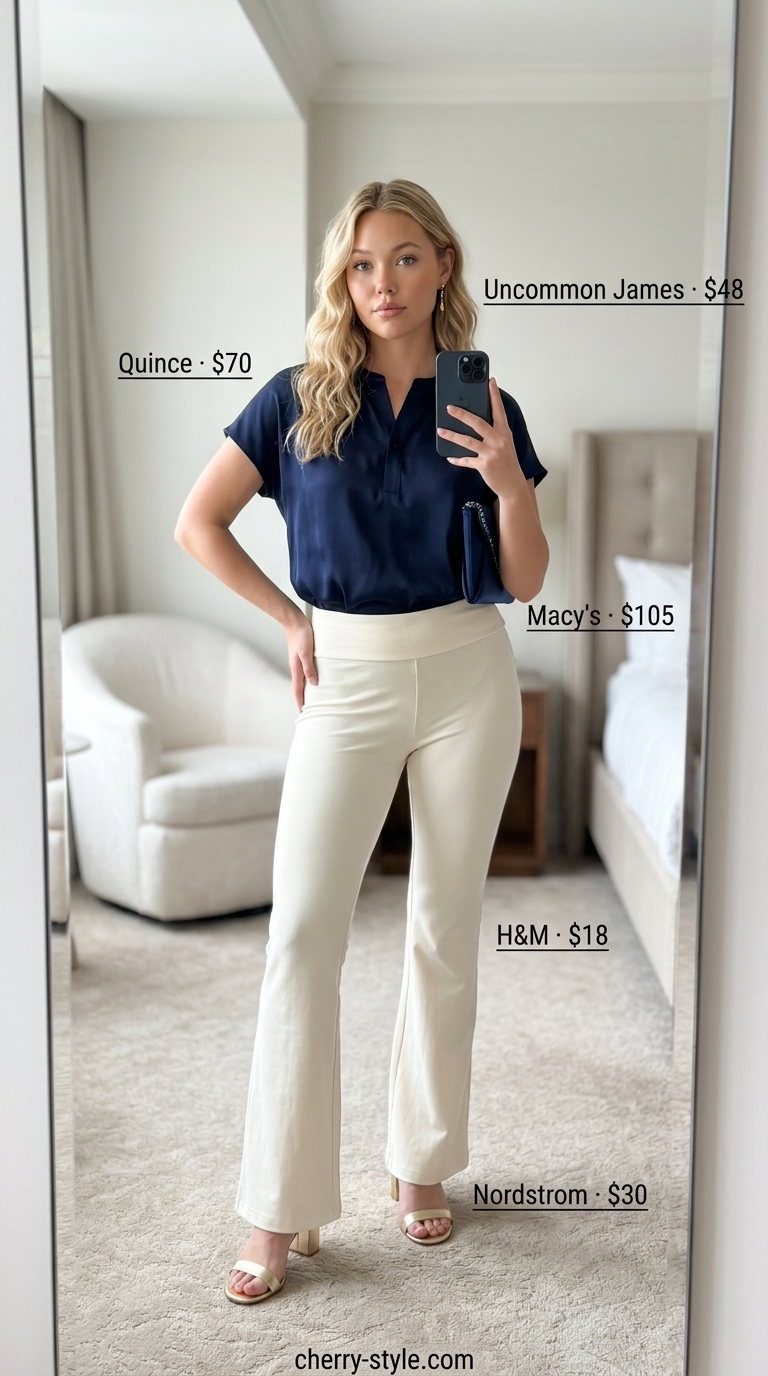 Flared legging outfits summer for women 2026: Elegant cream flared leggings with navy satin blouse for a chic summer evening.