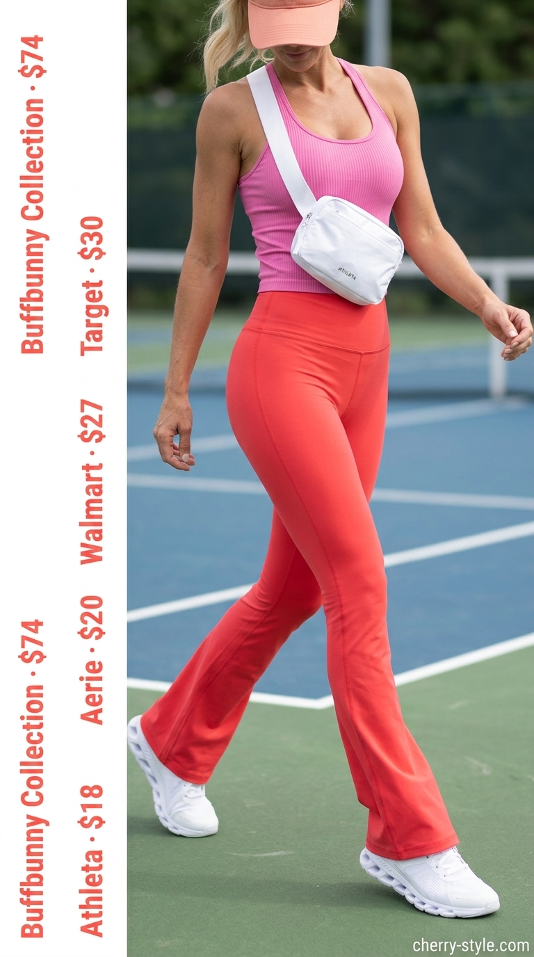 Flared legging outfits summer for women 2026: Coral flared leggings, athletic tank, sneakers, belt bag.