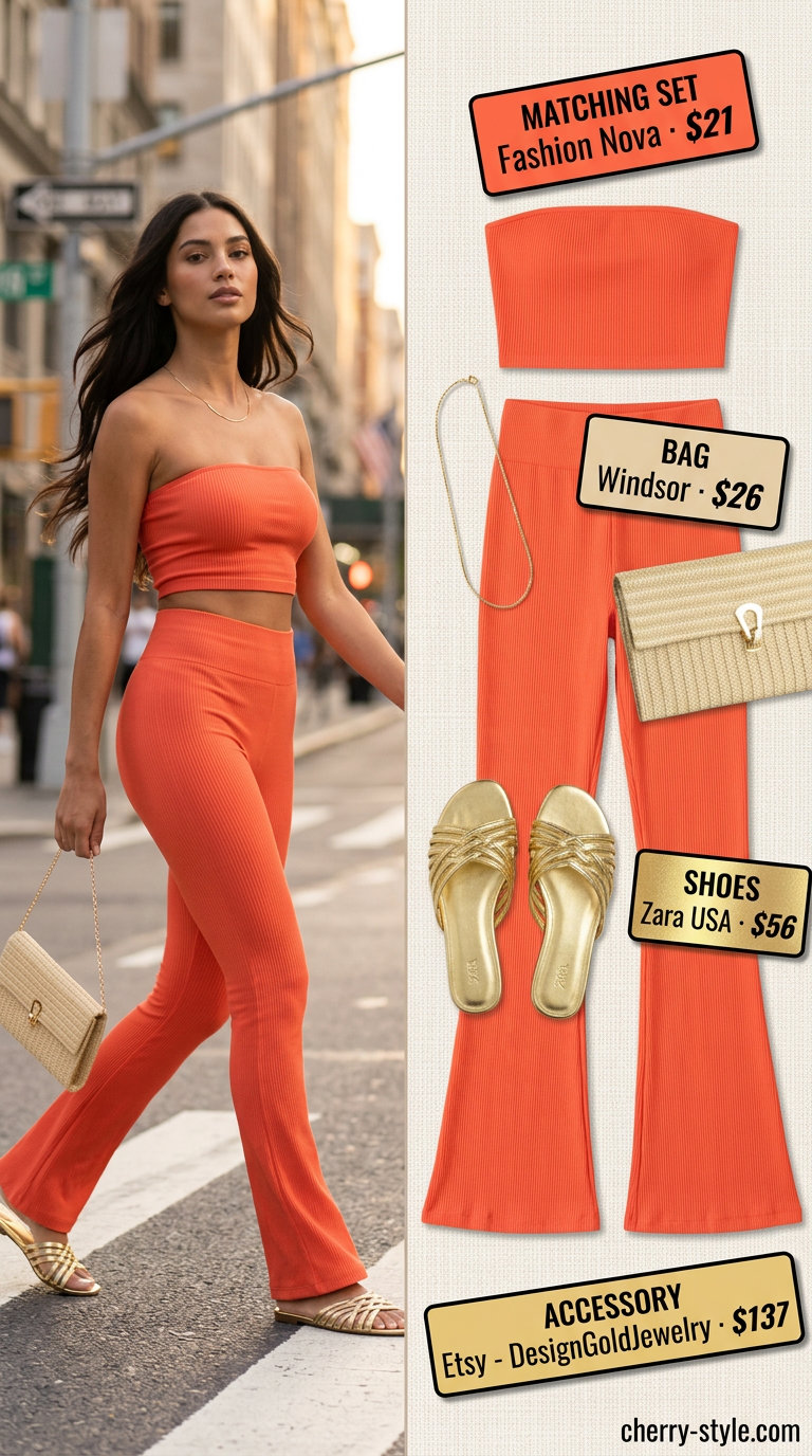 Flared legging outfits summer for women 2026: Coral orange flared leggings matching set, gold sandals, clutch.