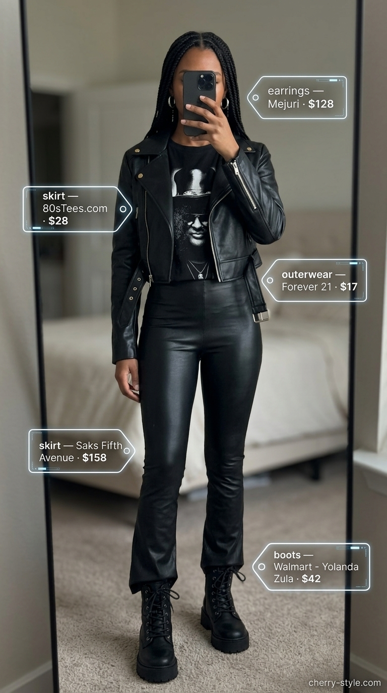 Flared legging outfits summer for women 2026: Black faux leather flared leggings with moto jacket for urban edge.