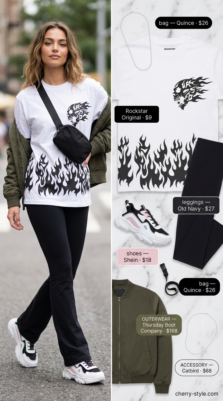 Flared legging outfits summer for women 2026: Black flared leggings, graphic tee, bomber jacket, platform sneakers.