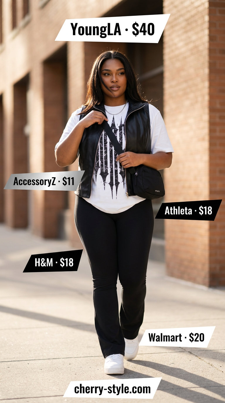 Flared legging outfits summer for women 2026: Black flare leggings, graphic tee, faux leather vest, chunky sneakers, and belt bag for urban cool.