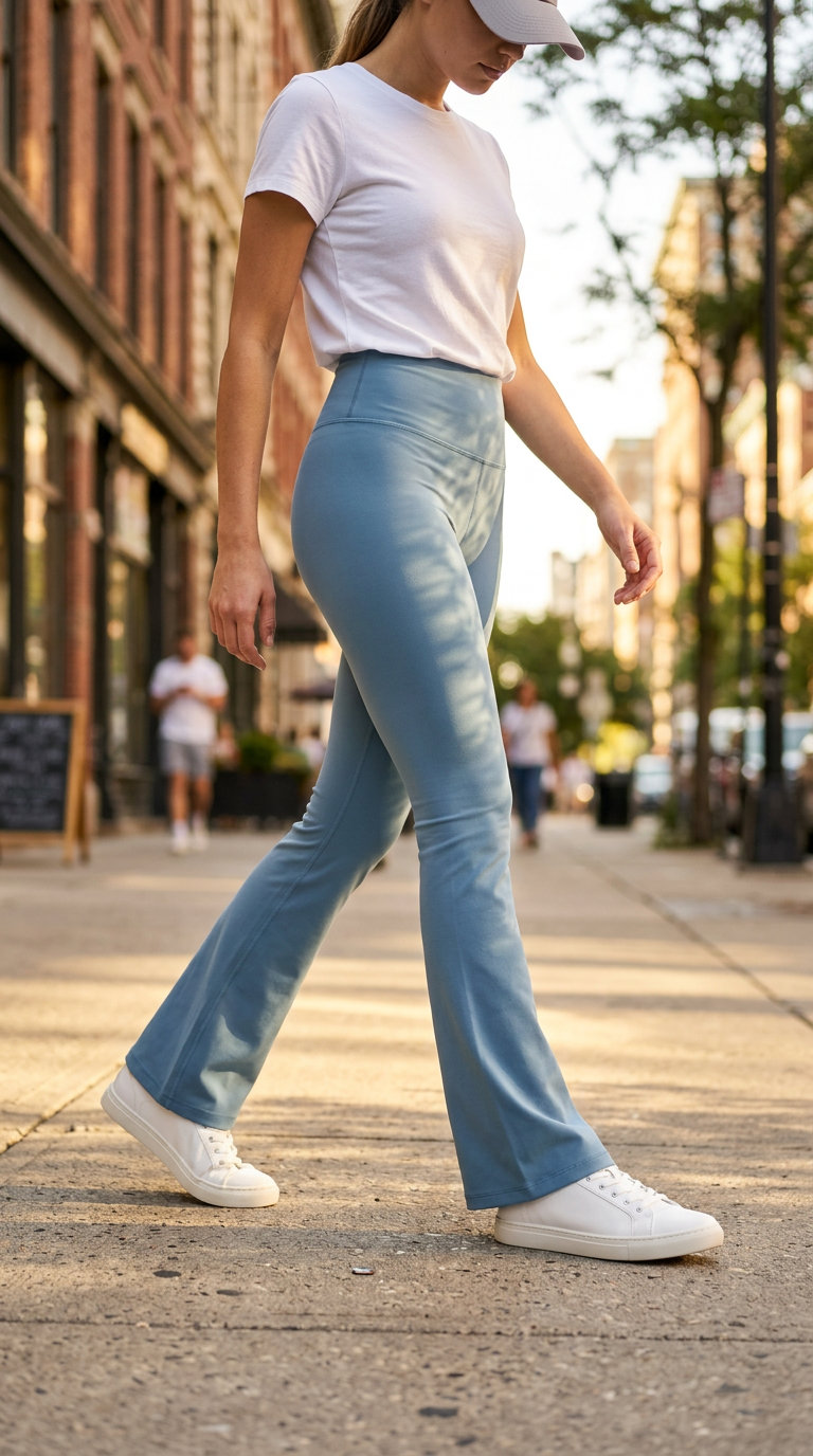 Flared legging outfits summer for women 2026: Light blue flare leggings, white oversized tee, canvas bag, and sneakers for casual errands.