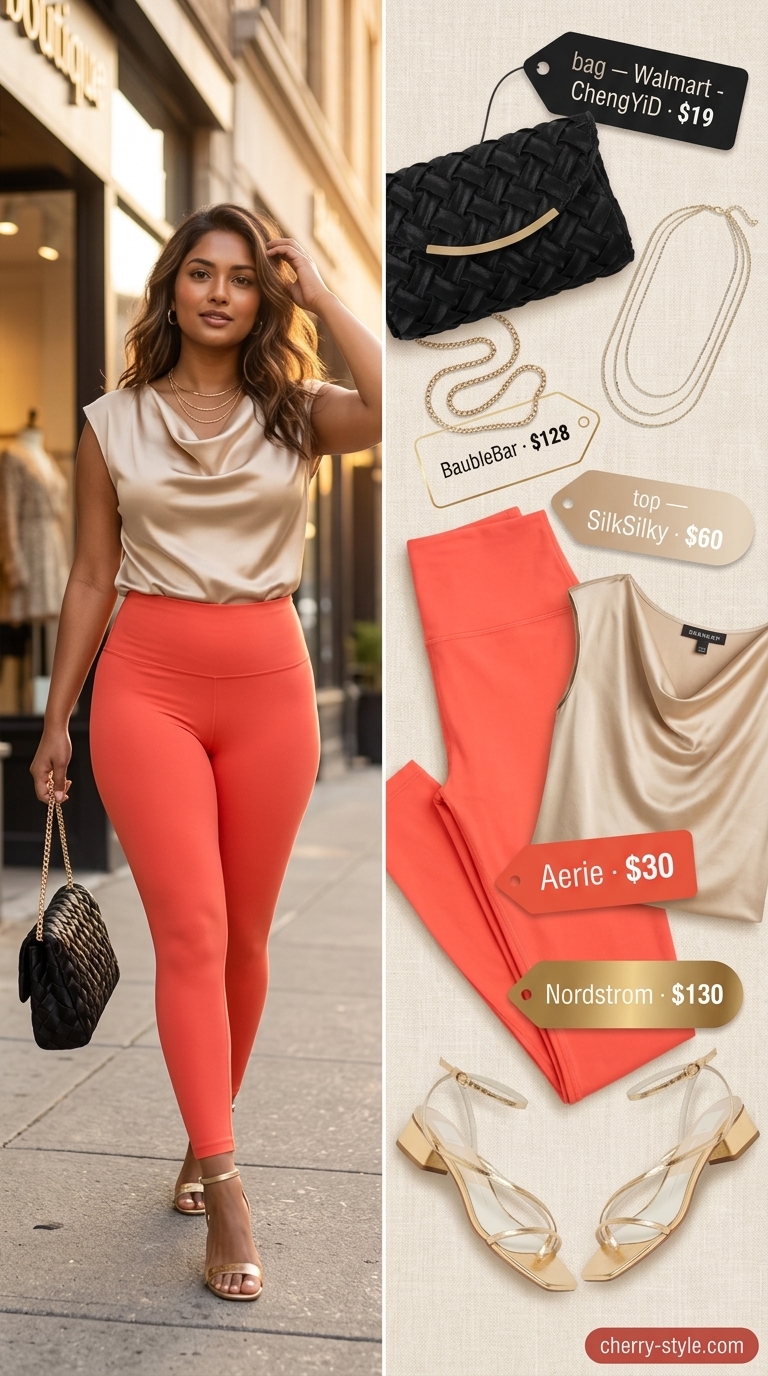 Flared legging outfits summer for women 2026: Coral flare leggings, champagne camisole, gold sandals, and layered necklaces for an elegant look.